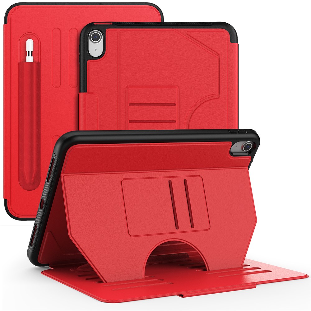 For iPad (2025) / 10.9 (2022) A2696 Case with Card Holder, 5-Level Adjustable Stand Pen Slot Tablet Flip Cover - Red