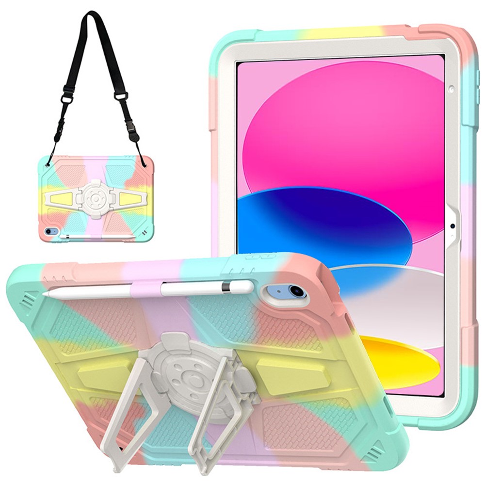 For iPad (2025) / 10.9 (2022) Kickstand Case PC+Silicone Anti-Drop Tablet Cover with Shoulder Strap - Multi-Color