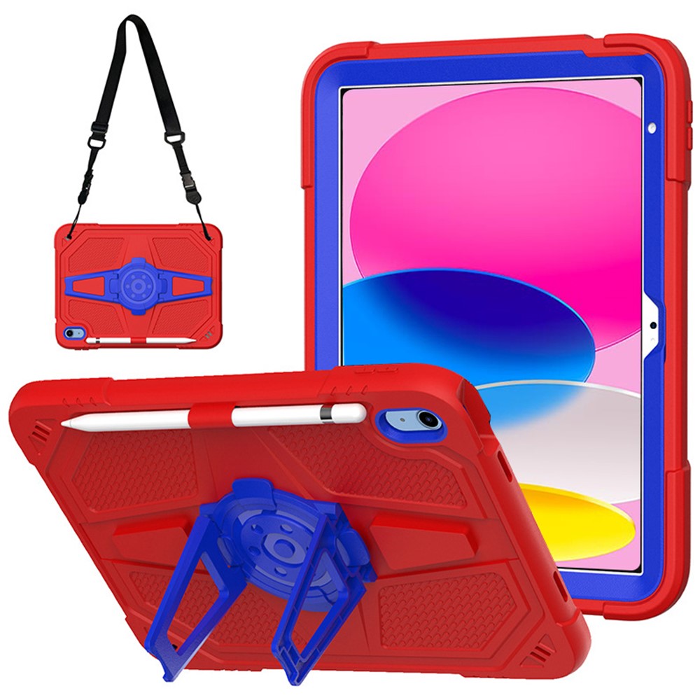For iPad (2025) / 10.9 (2022) Kickstand Case PC+Silicone Anti-Drop Tablet Cover with Shoulder Strap - Red+Blue