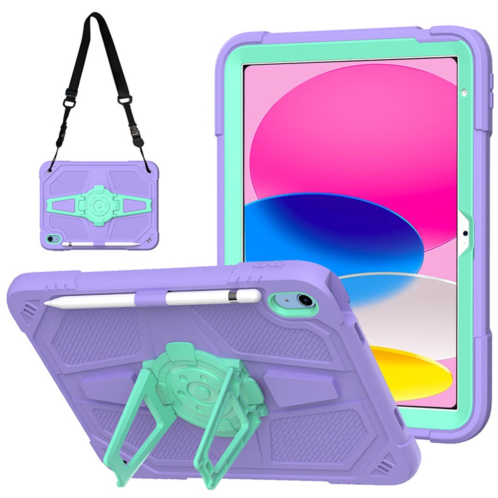 For iPad (2025) / 10.9 (2022) Kickstand Case PC+Silicone Anti-Drop Tablet Cover with Shoulder Strap - Purple+Blue Green