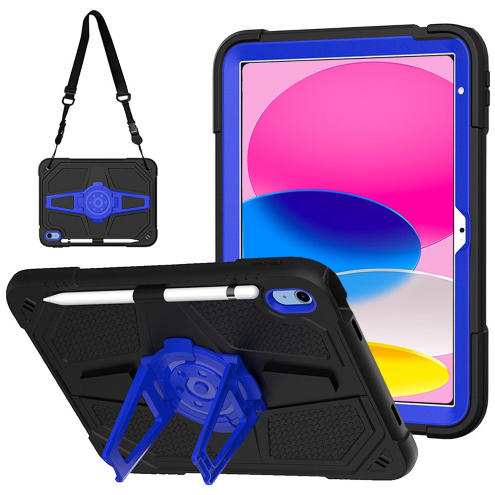 For iPad (2025) / 10.9 (2022) Kickstand Case PC+Silicone Anti-Drop Tablet Cover with Shoulder Strap - Black+Blue
