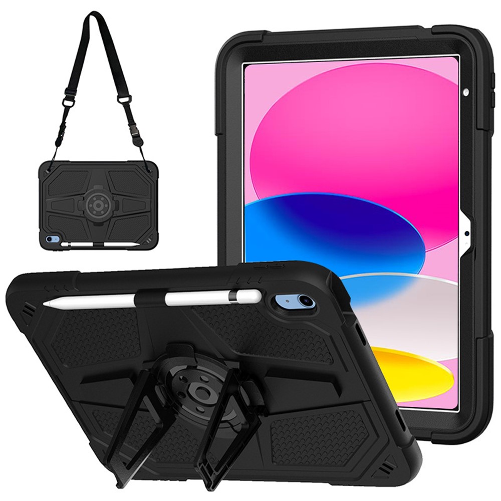 For iPad (2025) / 10.9 (2022) Kickstand Case PC+Silicone Anti-Drop Tablet Cover with Shoulder Strap - Black