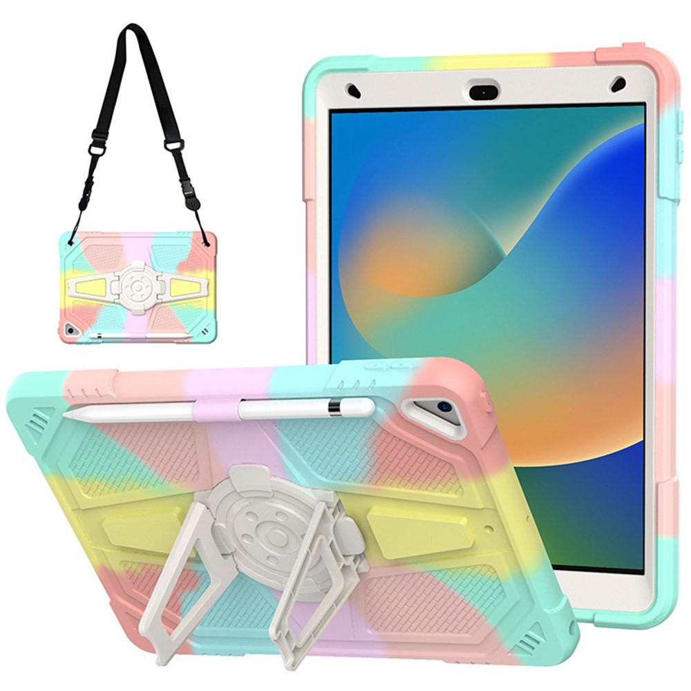 For iPad 10.2 (2021) / (2020) / (2019) Tablet Case with Shoulder Strap Kickstand PC+Silicone Cover - Multi-color