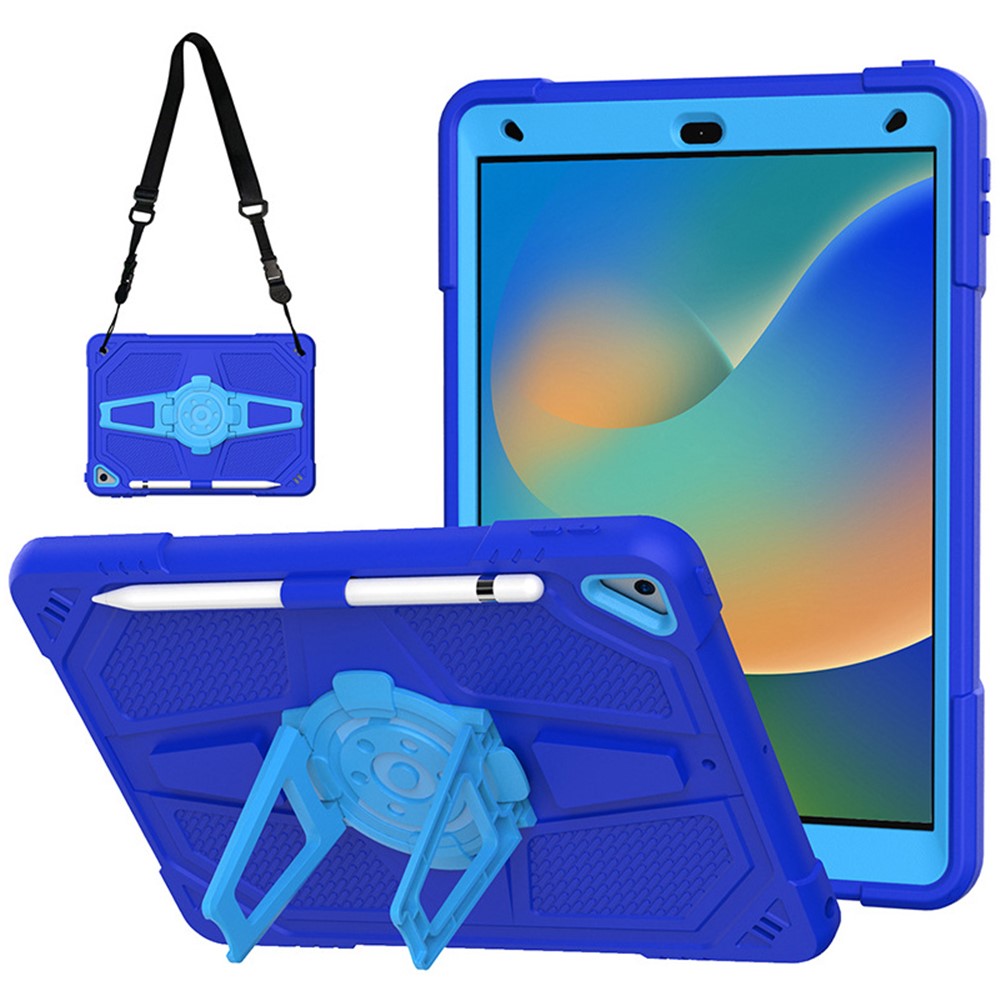 For iPad 10.2 (2021) / (2020) / (2019) Tablet Case with Shoulder Strap Kickstand PC+Silicone Cover - Blue