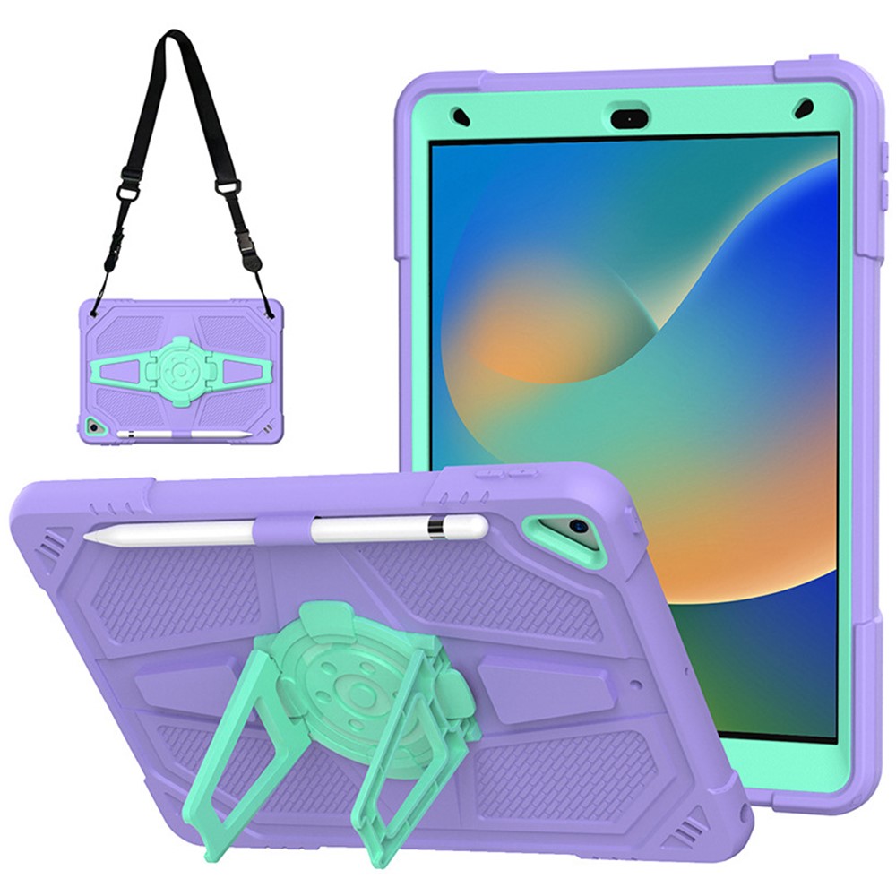For iPad 10.2 (2021) / (2020) / (2019) Tablet Case with Shoulder Strap Kickstand PC+Silicone Cover - Purple+Blue Green