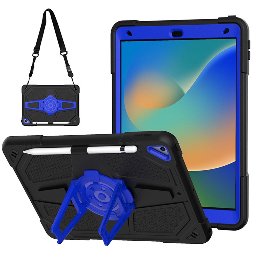 For iPad 10.2 (2021) / (2020) / (2019) Tablet Case with Shoulder Strap Kickstand PC+Silicone Cover - Black
