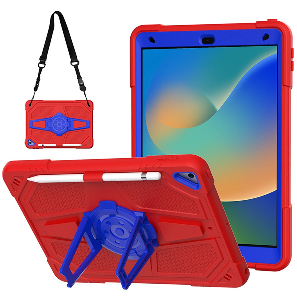 For iPad 10.2 (2021) / (2020) / (2019) Tablet Case with Shoulder Strap Kickstand PC+Silicone Cover - Red+Blue