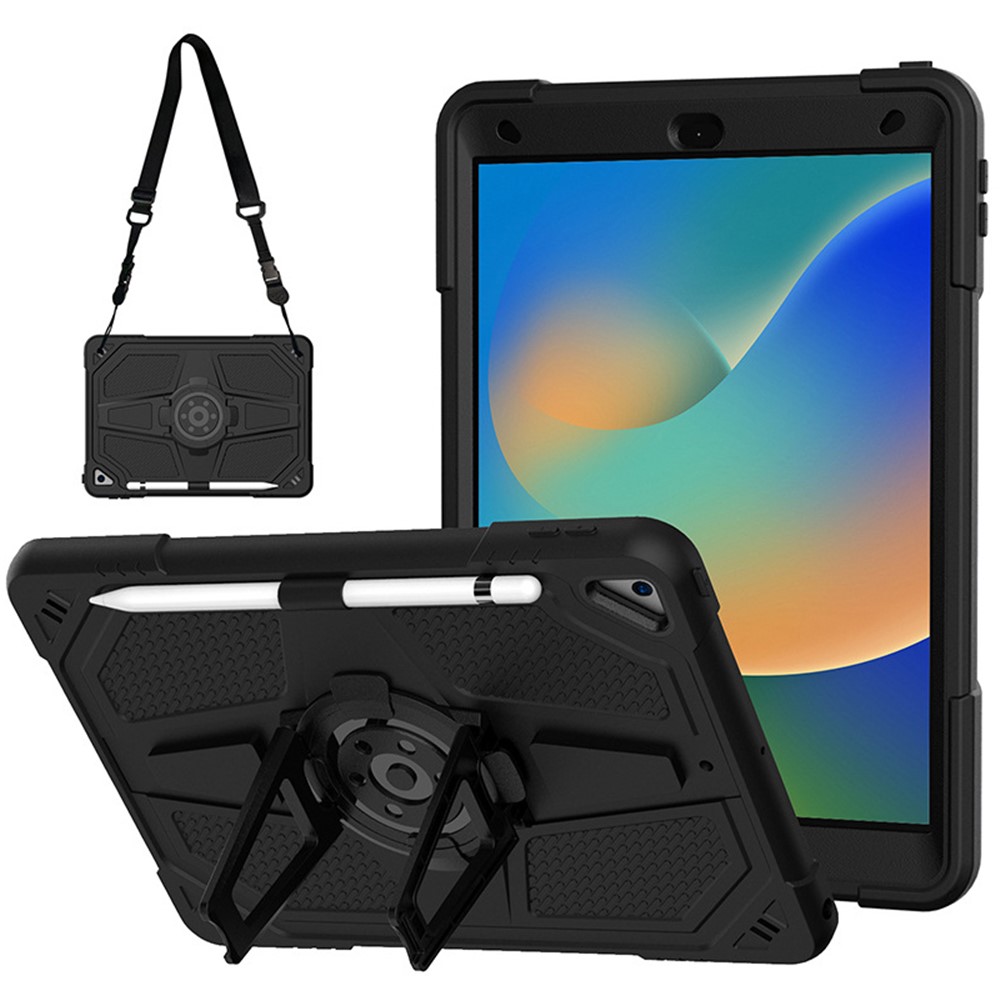 For iPad 10.2 (2021) / (2020) / (2019) Tablet Case with Shoulder Strap Kickstand PC+Silicone Cover - Black+Blue