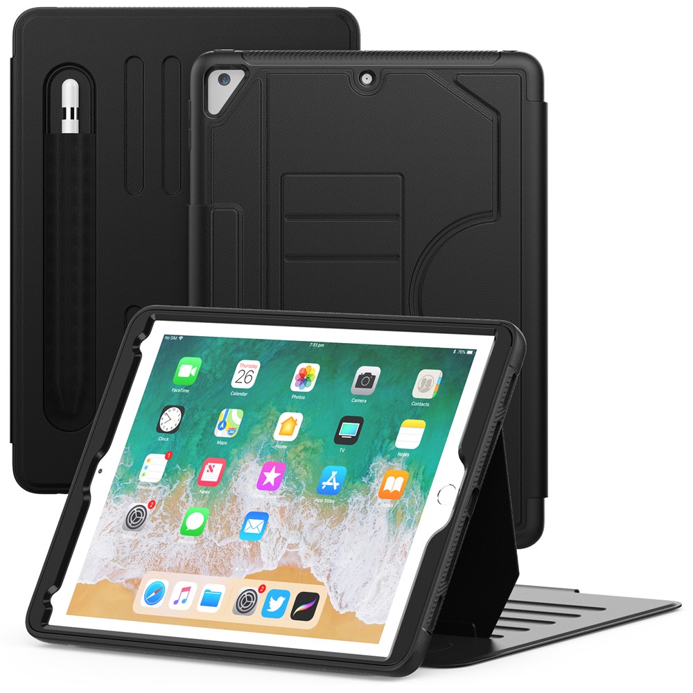 For iPad 9.7-inch (2018) / (2017) / iPad Pro 9.7 inch (2016) / iPad Air 2 Case Leather Auto Wake Sleep Tablet Cover - Black