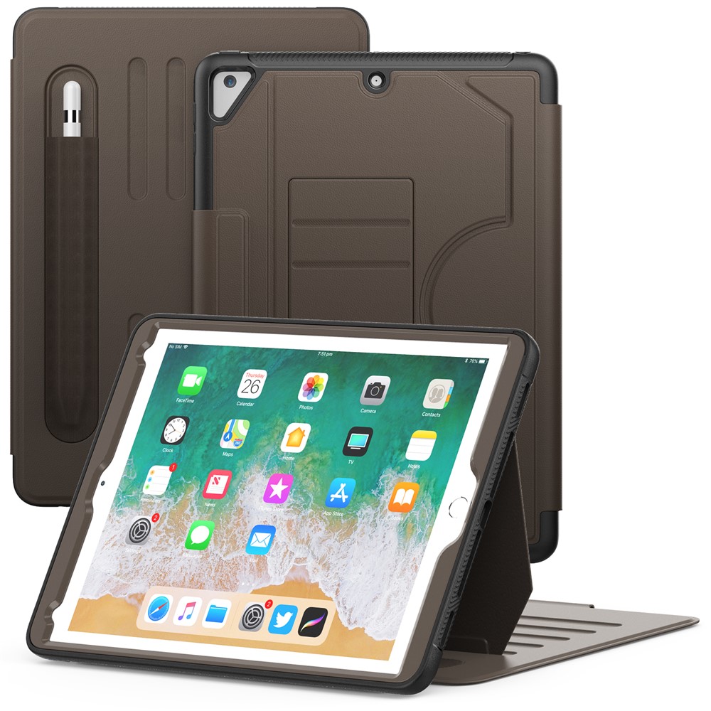 For iPad 9.7-inch (2018) / (2017) / iPad Pro 9.7 inch (2016) / iPad Air 2 Case Leather Auto Wake Sleep Tablet Cover - Brown