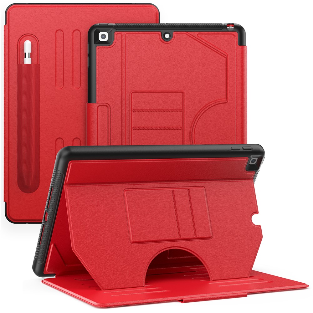 For iPad 10.2 (2021) / 10.2 (2019) / 10.2 (2020) Case Shockproof Card Holder Flip Tablet Cover with Pen Slot - Red
