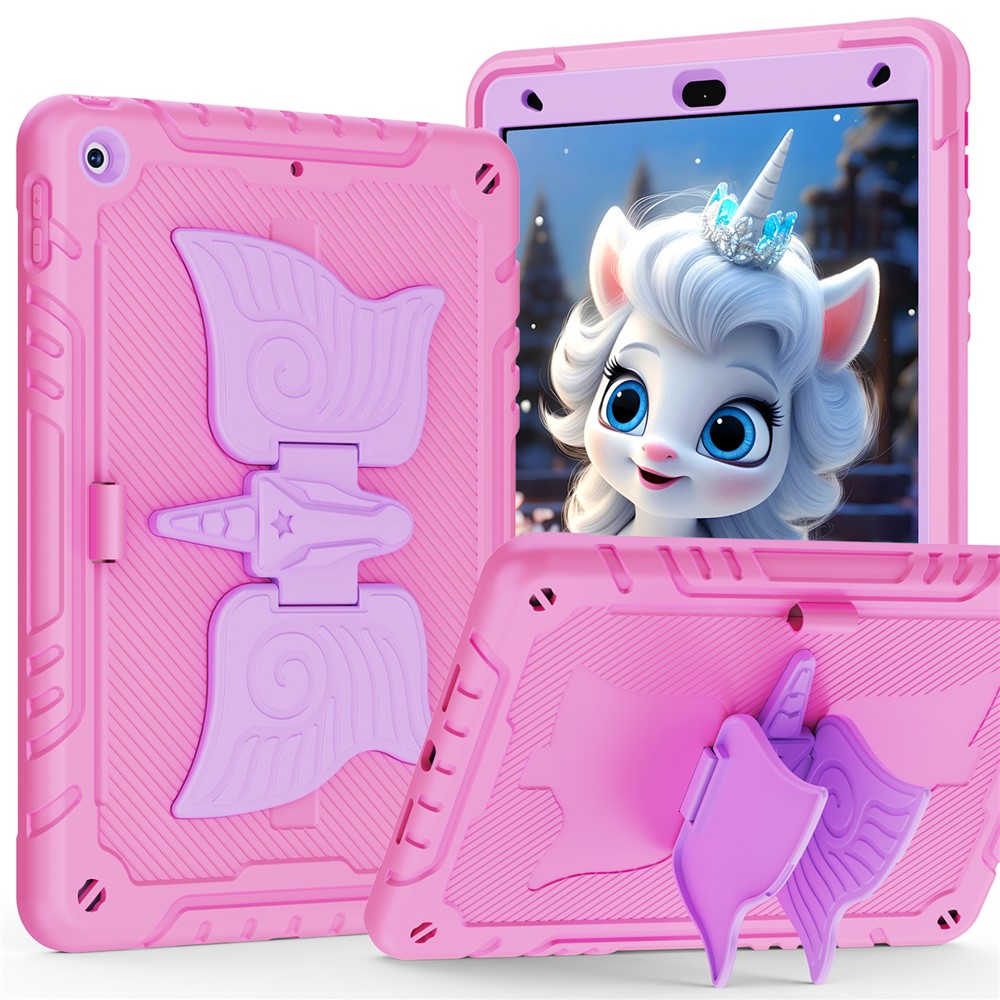 For iPad 10.2 (2021) / 10.2 (2019) / 10.2 (2020) Case Silicone+PC Drop-resistant Tablet Cover with Unicorn Kickstand - Pink+Purple