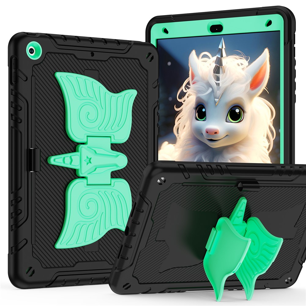 For iPad 10.2 (2021) / 10.2 (2019) / 10.2 (2020) Case Silicone+PC Drop-resistant Tablet Cover with Unicorn Kickstand - Black+Mint Green