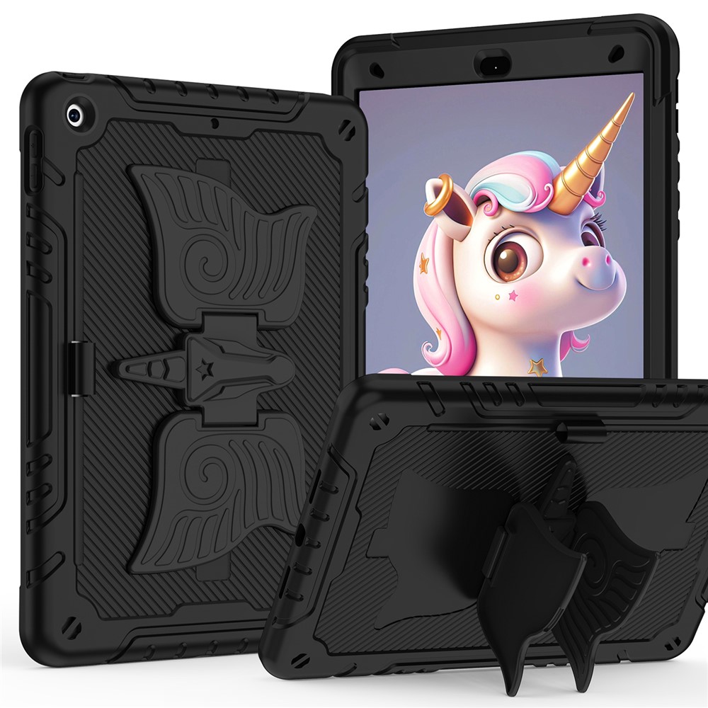 For iPad 10.2 (2021) / 10.2 (2019) / 10.2 (2020) Case Silicone+PC Drop-resistant Tablet Cover with Unicorn Kickstand - Black
