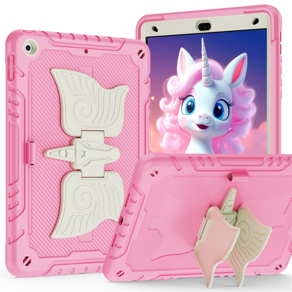 For iPad 10.2 (2021) / 10.2 (2019) / 10.2 (2020) Case Silicone+PC Drop-resistant Tablet Cover with Unicorn Kickstand - Beige+Pink