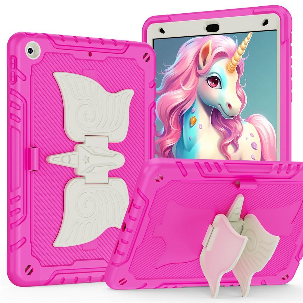 For iPad 10.2 (2021) / 10.2 (2019) / 10.2 (2020) Case Silicone+PC Drop-resistant Tablet Cover with Unicorn Kickstand - Beige+Rose