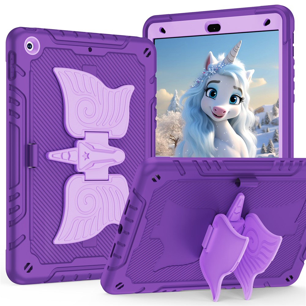 For iPad 10.2 (2021) / 10.2 (2019) / 10.2 (2020) Case Silicone+PC Drop-resistant Tablet Cover with Unicorn Kickstand - Dark Purple+Light Purple