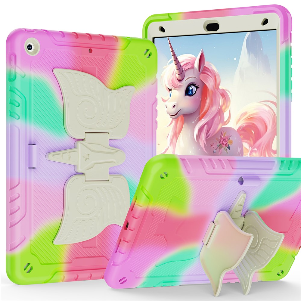 For iPad 10.2 (2021) / 10.2 (2019) / 10.2 (2020) Case Silicone+PC Drop-resistant Tablet Cover with Unicorn Kickstand - Colorful+Rose