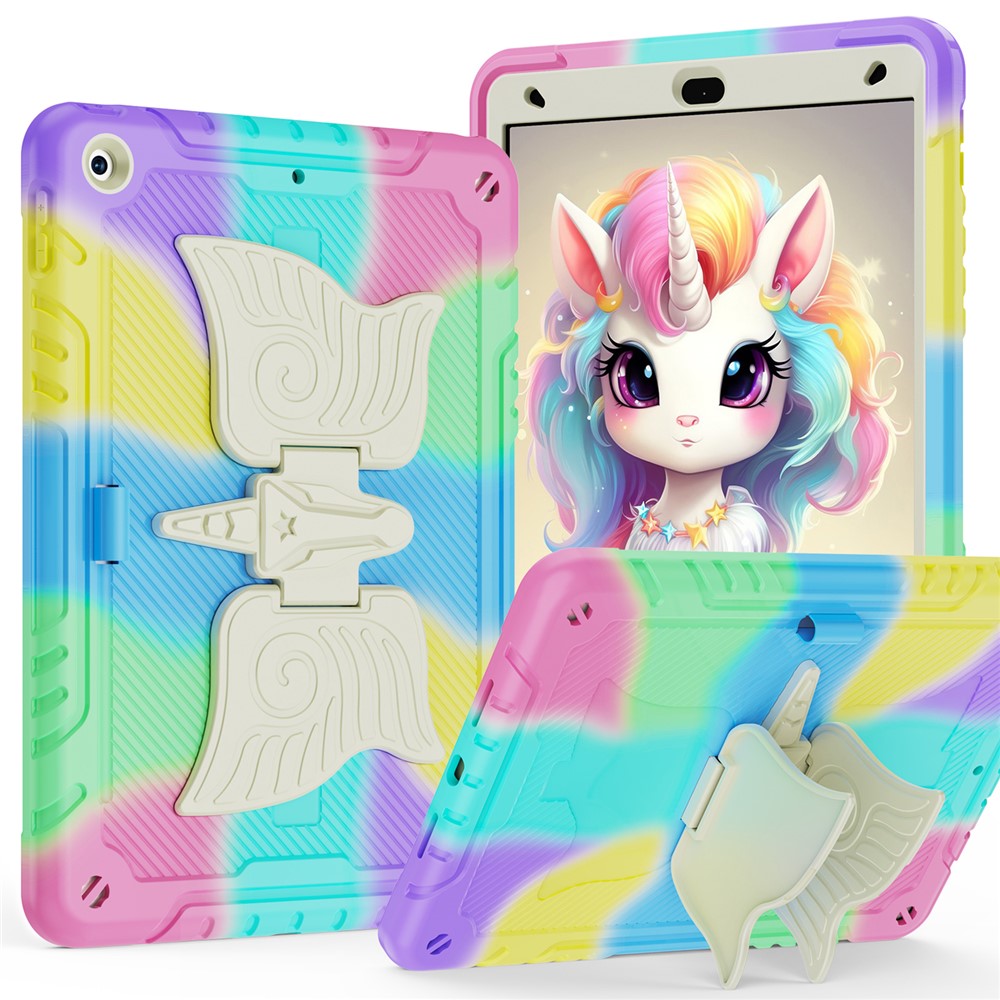 For iPad 10.2 (2021) / 10.2 (2019) / 10.2 (2020) Case Silicone+PC Drop-resistant Tablet Cover with Unicorn Kickstand - Colorful+Purple