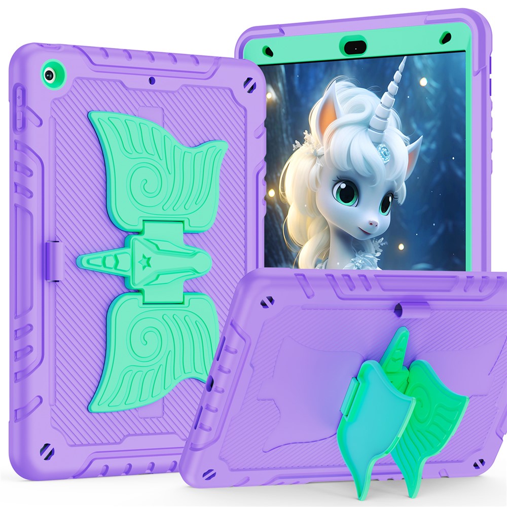 For iPad 10.2 (2021) / 10.2 (2019) / 10.2 (2020) Case Silicone+PC Drop-resistant Tablet Cover with Unicorn Kickstand - Purple+Mint Green
