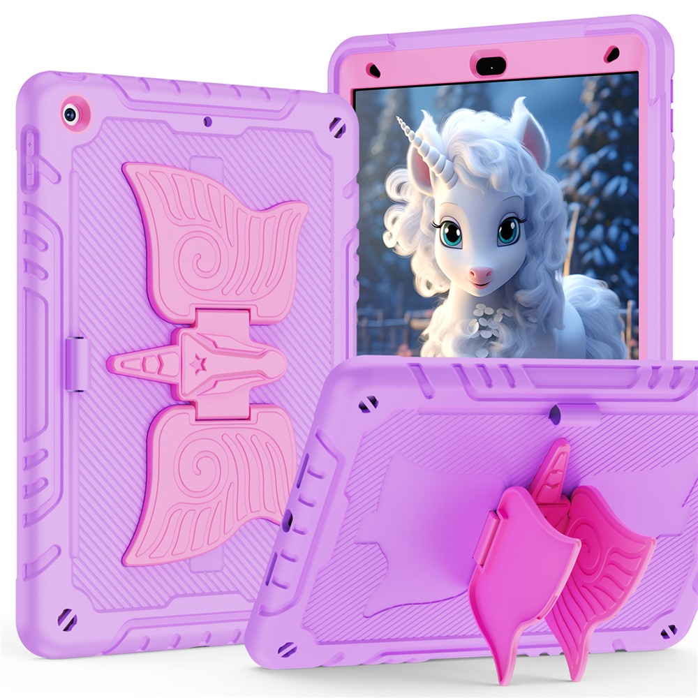 For iPad 10.2 (2021) / 10.2 (2019) / 10.2 (2020) Case Silicone+PC Drop-resistant Tablet Cover with Unicorn Kickstand - Purple+Rose Red
