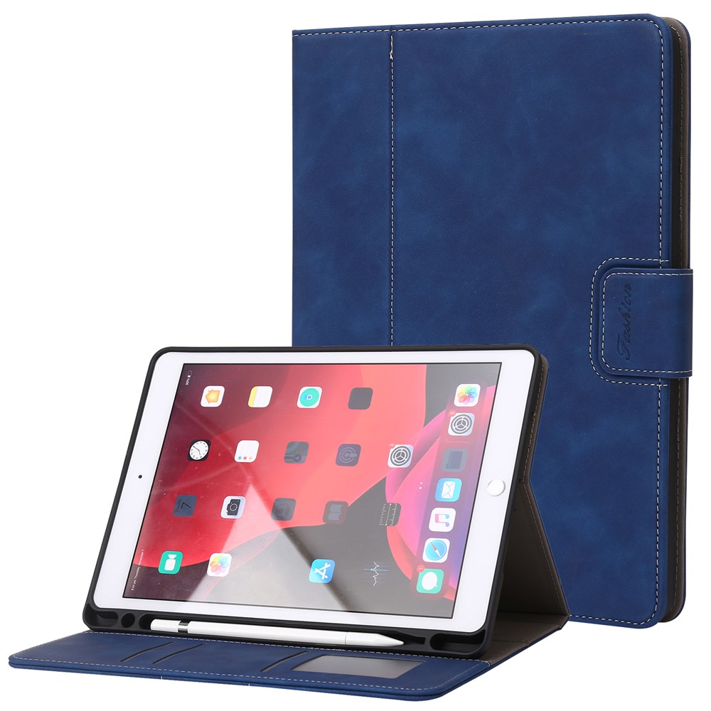 For iPad 10.2 (2021)  /  (2019)  /  (2020)  /  Air 10.5 inch (2019) Case Wallet Calf Texture Tablet Cover with Pens Slot - Dark Blue
