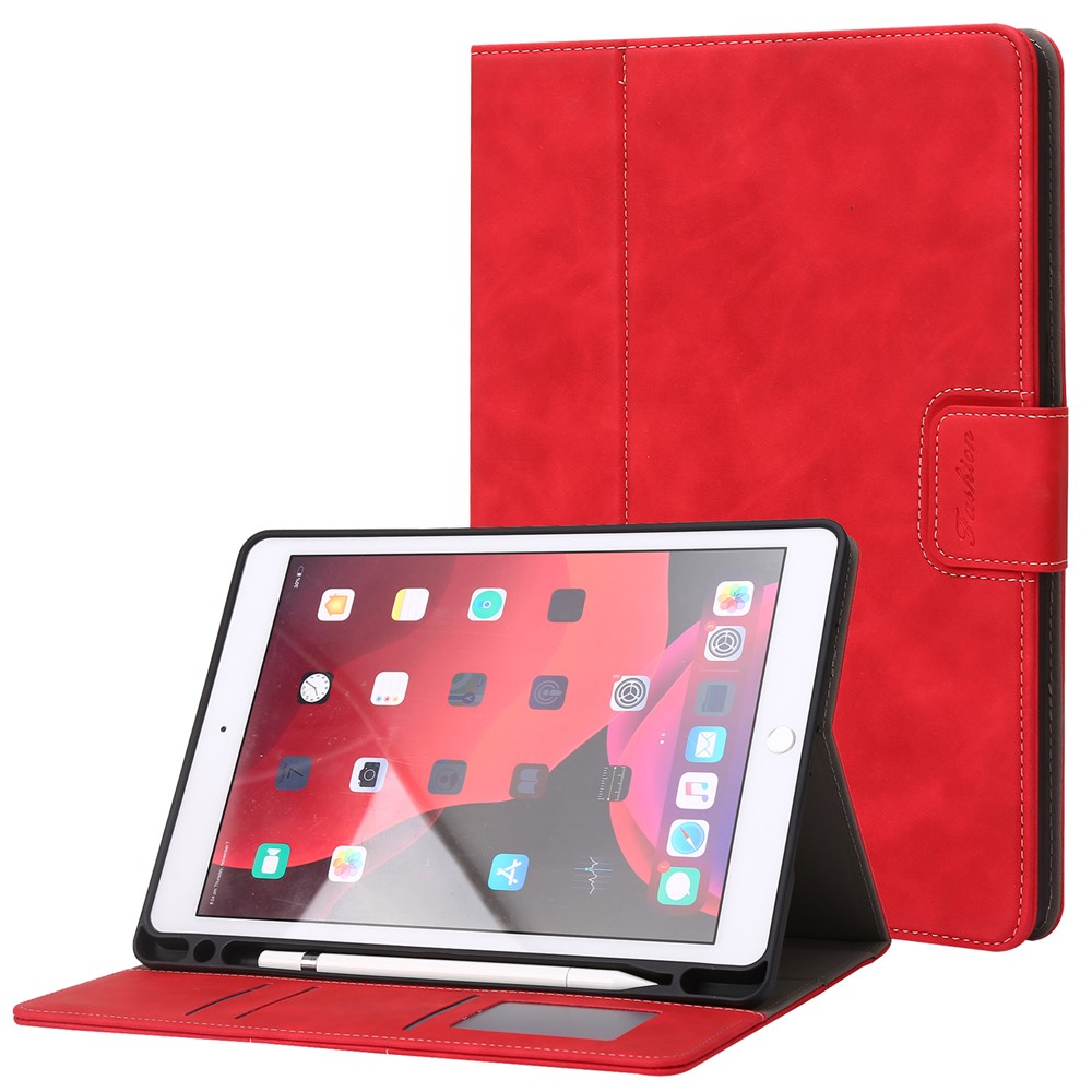 For iPad 10.2 (2021)  /  (2019)  /  (2020)  /  Air 10.5 inch (2019) Case Wallet Calf Texture Tablet Cover with Pens Slot - Red