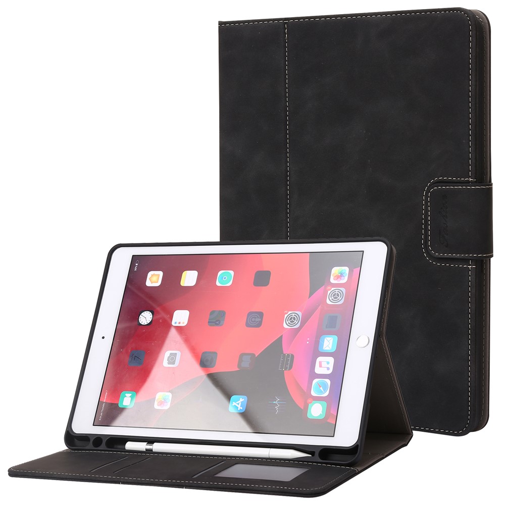For iPad 10.2 (2021) / (2019) / (2020) / Air 10.5 inch (2019) Case Wallet Calf Texture Tablet Cover with Pens Slot - Black