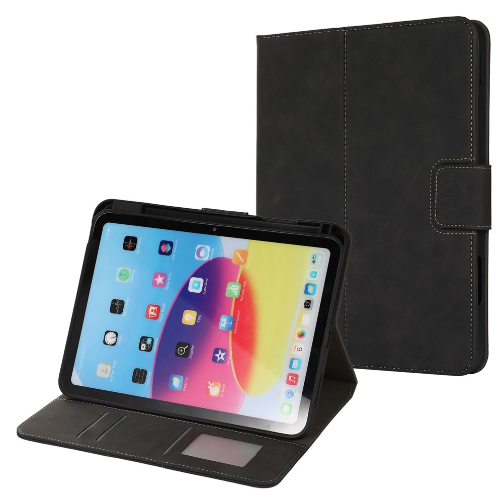 For iPad (2025) / 10.9 (2022) Case Leather Flip Wallet Tablet Cover with Pens Slot - Black