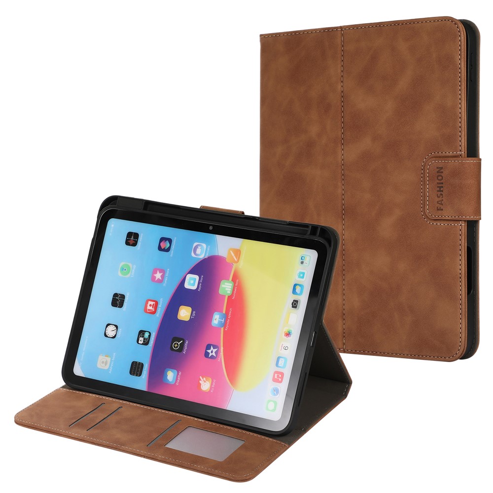 For iPad (2025) / 10.9 (2022) Case Leather Flip Wallet Tablet Cover with Pens Slot - Brown