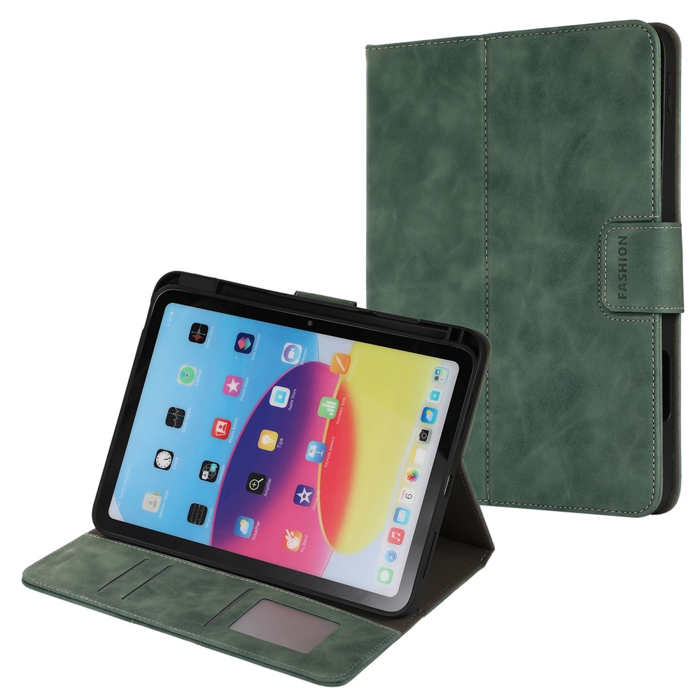 For iPad (2025) / 10.9 (2022) Case Leather Flip Wallet Tablet Cover with Pens Slot - Green