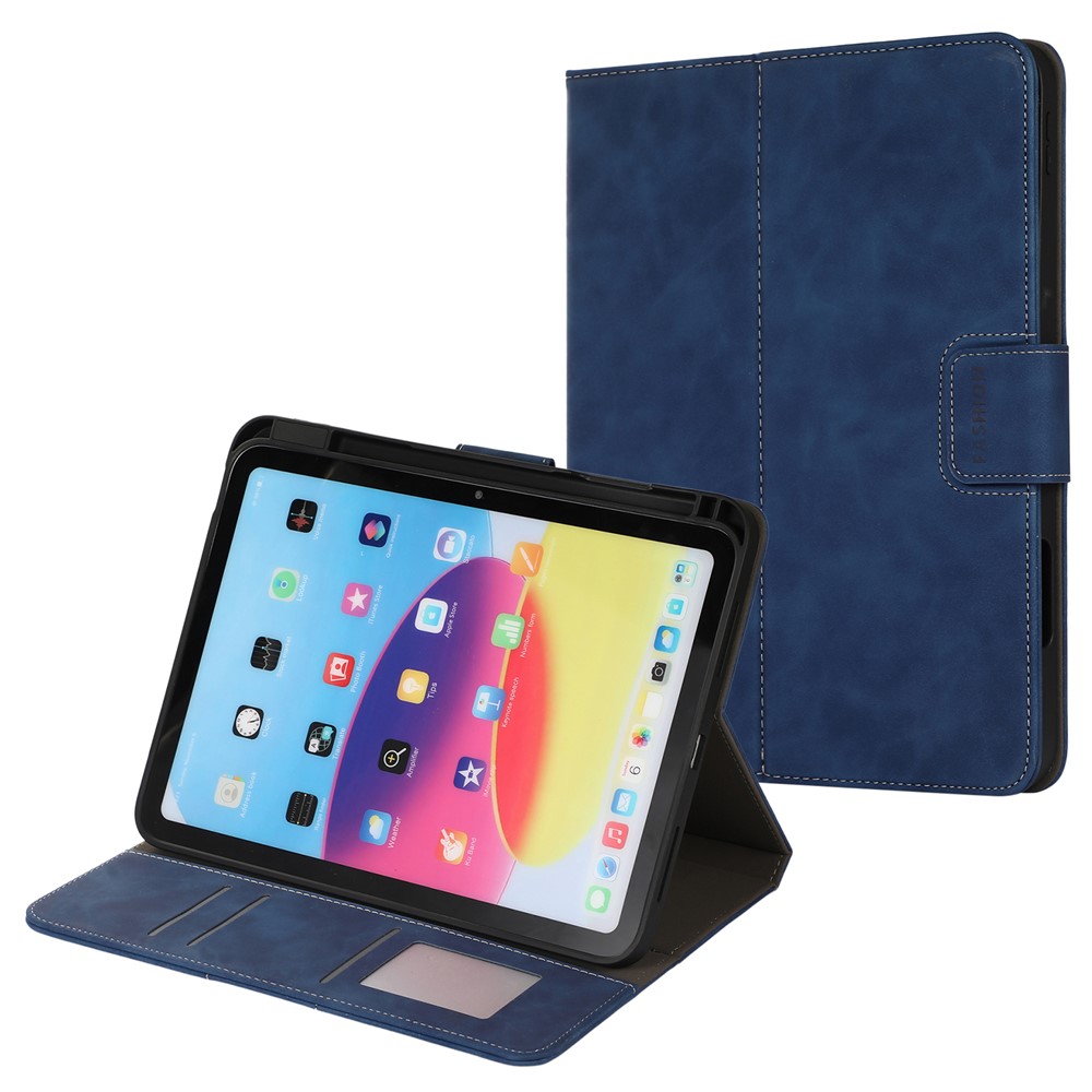 For iPad (2025) / 10.9 (2022) Case Leather Flip Wallet Tablet Cover with Pens Slot - Dark Blue