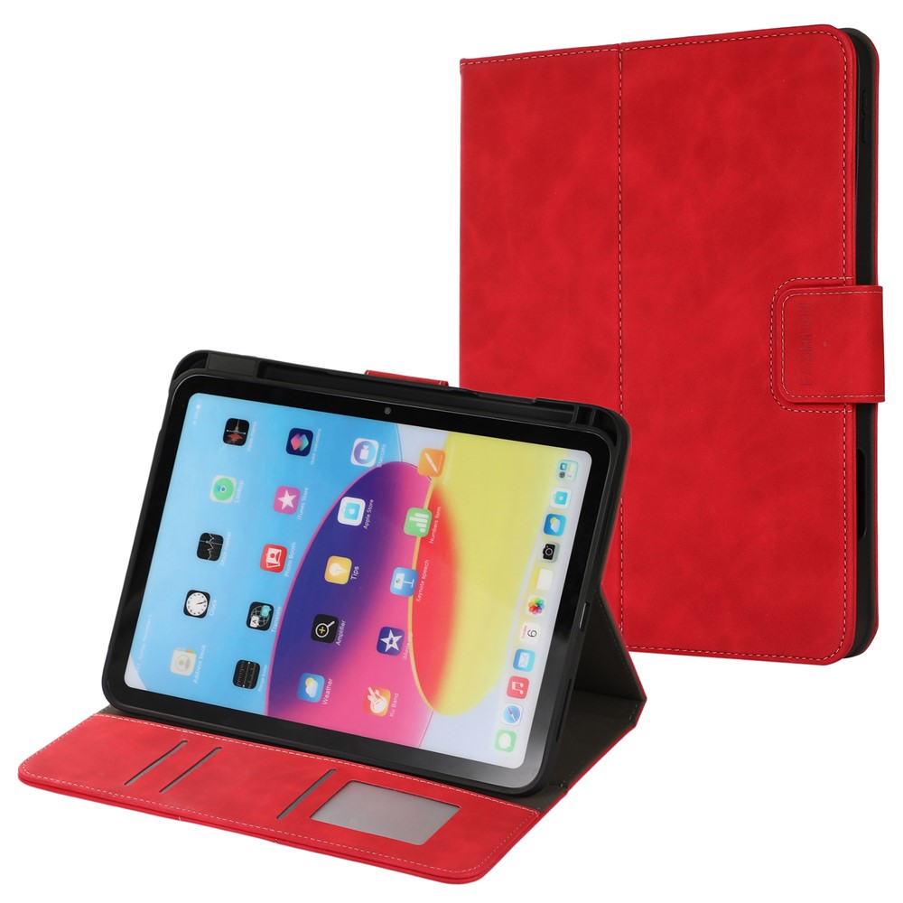 For iPad (2025) / 10.9 (2022) Case Leather Flip Wallet Tablet Cover with Pens Slot - Red