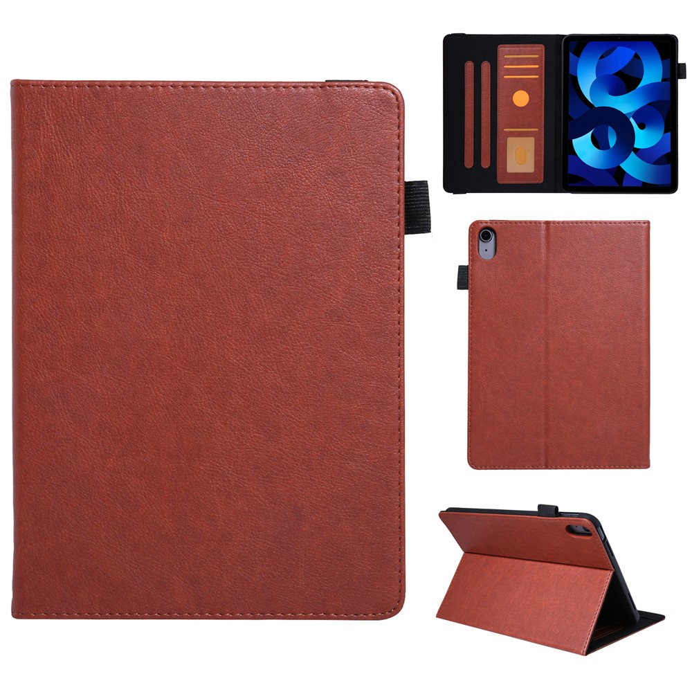 For iPad (2025) / 10.9 (2022) Shockproof Case Card Slots Tablet Leather Flip Cover with Pens Holder - Brown