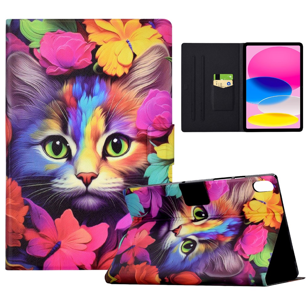 For iPad (2025) / 10.9 (2022) Case with Card Slots Pattern Printed Bump Proof Leather Tablet Cover - Rose Cat
