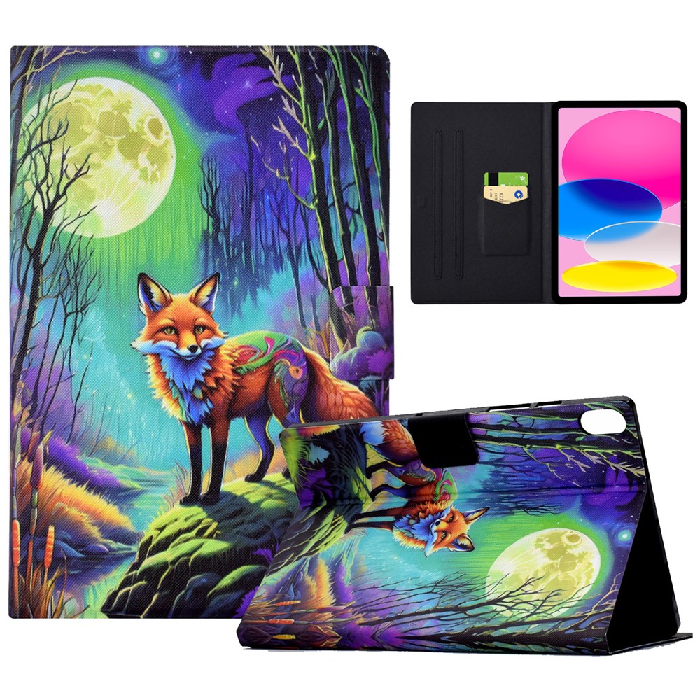For iPad (2025) / 10.9 (2022) Case with Card Slots Pattern Printed Bump Proof Leather Tablet Cover - Moonlight Fox