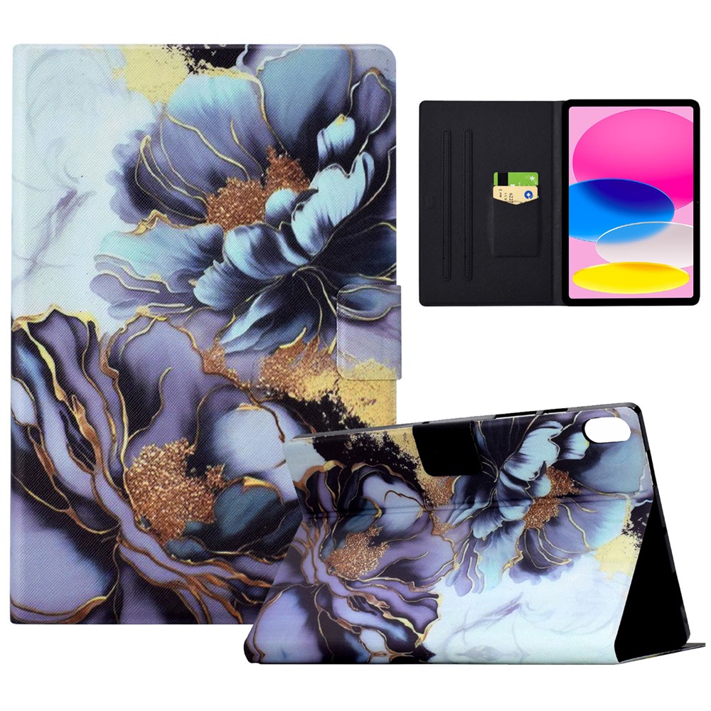 For iPad (2025) / 10.9 (2022) Case with Card Slots Pattern Printed Bump Proof Leather Tablet Cover - Peony Flower