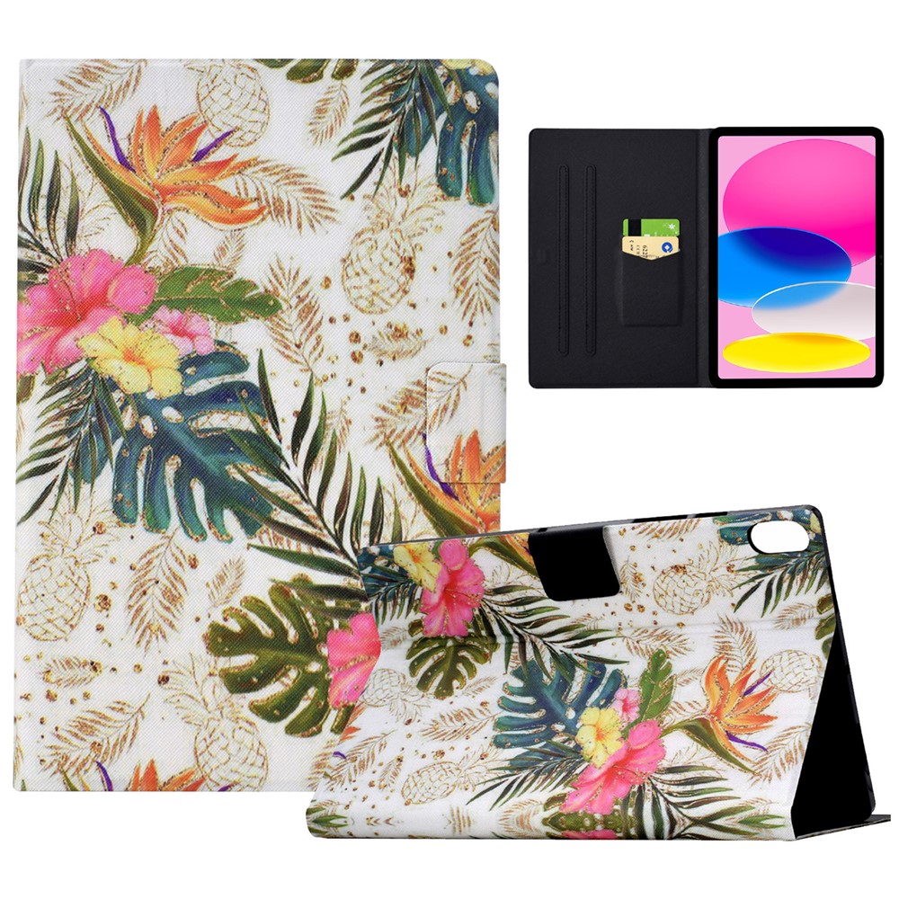 For iPad (2025) / 10.9 (2022) Case with Card Slots Pattern Printed Bump Proof Leather Tablet Cover - Golden Pineapple