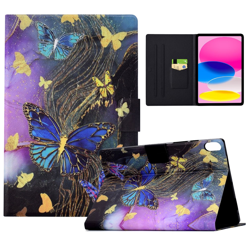 For iPad (2025) / 10.9 (2022) Case with Card Slots Pattern Printed Bump Proof Leather Tablet Cover - Golden Butterflies