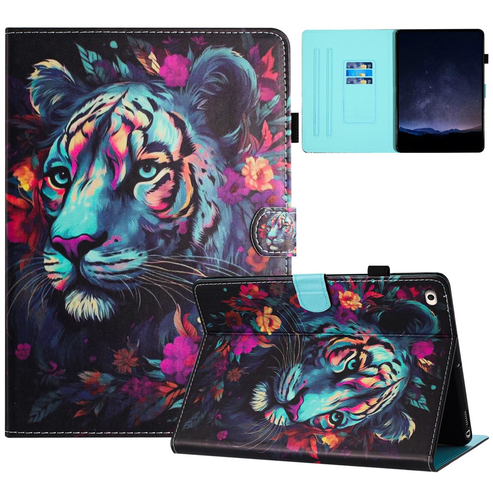 For iPad 9.7 (2017) / (2018) Leather Case Card Holder Tablet Cover - Tiger