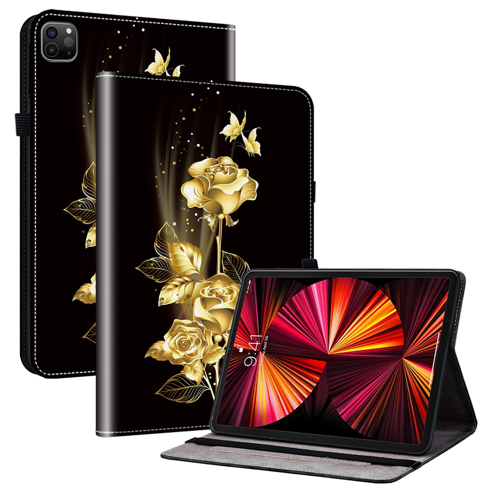 For iPad Pro 12.9 (2020) (2021) (2022) Wholesale Tablet Case Pattern Card Holder Protection Cover - Gold Butterfly Rose