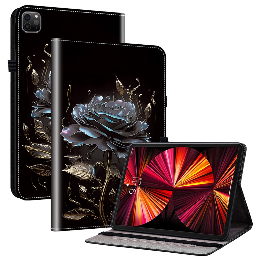For iPad Pro 12.9 (2020) (2021) (2022) Wholesale Tablet Case Pattern Card Holder Protection Cover - Black Rose