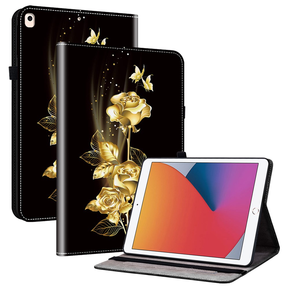 For iPad 10.2 (2021) / (2020) / (2019) Flip Case Pattern Printing Tablet Cover with Card Holder - Gold Butterfly Rose