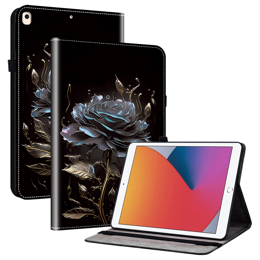 For iPad 10.2 (2021) / (2020) / (2019) Flip Case Pattern Printing Tablet Cover with Card Holder - Black Rose