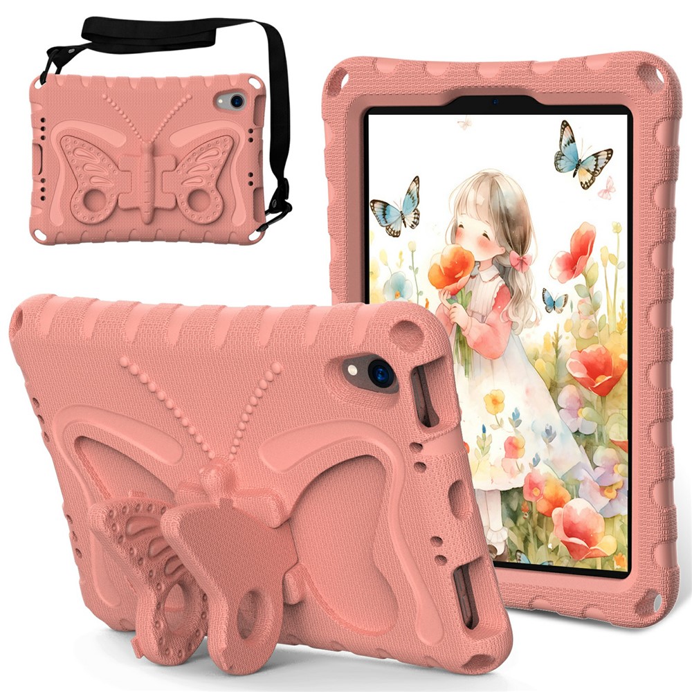 For iPad mini (2024) / mini (2021) Case with Shoulder Strap Butterfly Kickstand Tablet EVA Cover - Light Pink