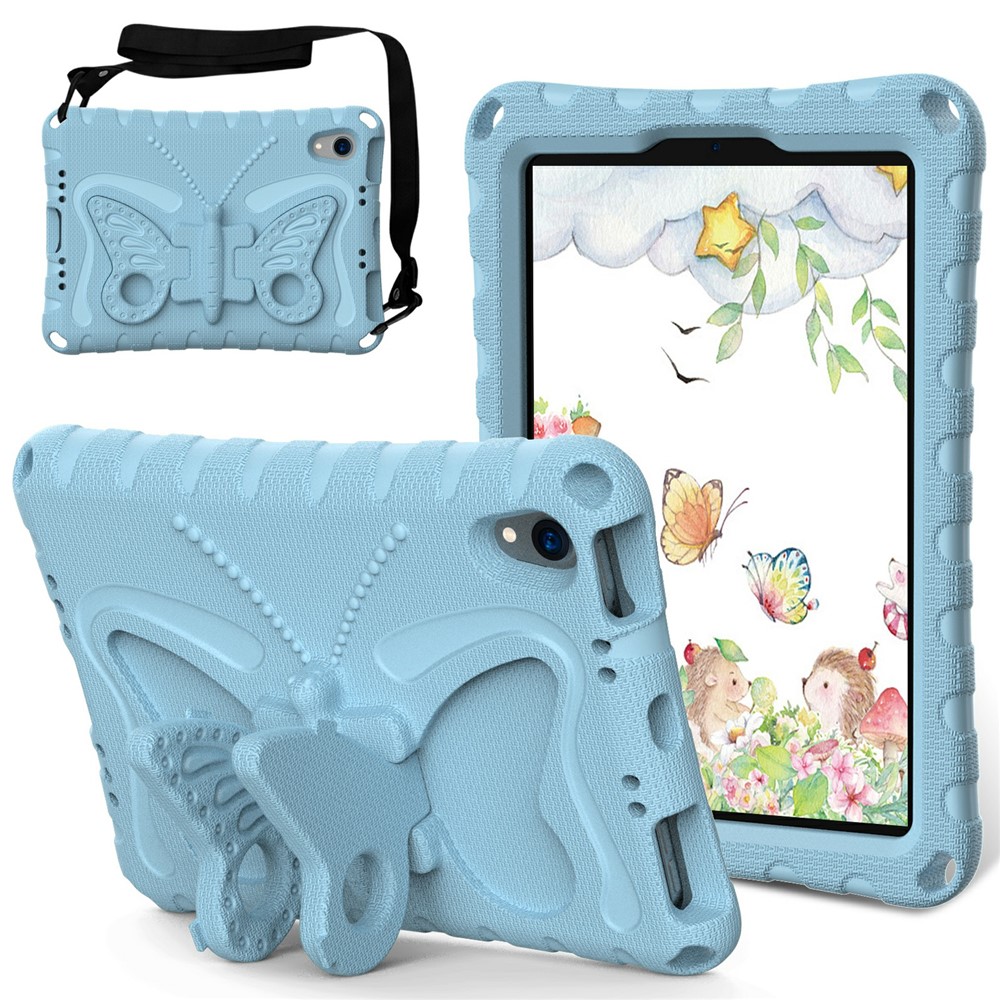 For iPad mini (2024) / mini (2021) Case with Shoulder Strap Butterfly Kickstand Tablet EVA Cover - Baby Blue