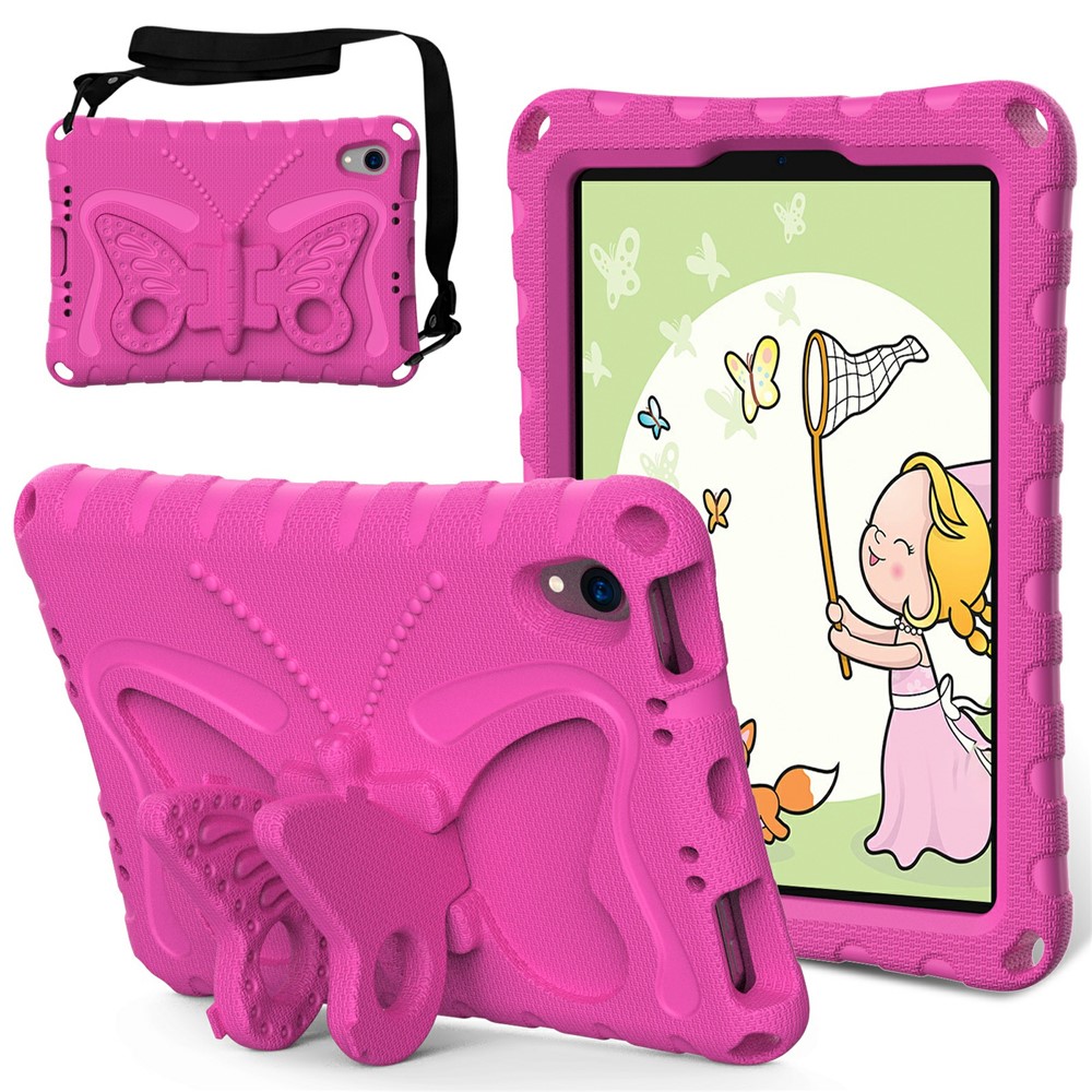 For iPad mini (2024) / mini (2021) Case with Shoulder Strap Butterfly Kickstand Tablet EVA Cover - Rose
