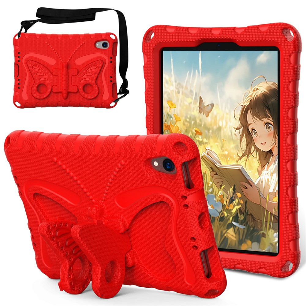 For iPad mini (2024) / mini (2021) Case with Shoulder Strap Butterfly Kickstand Tablet EVA Cover - Red