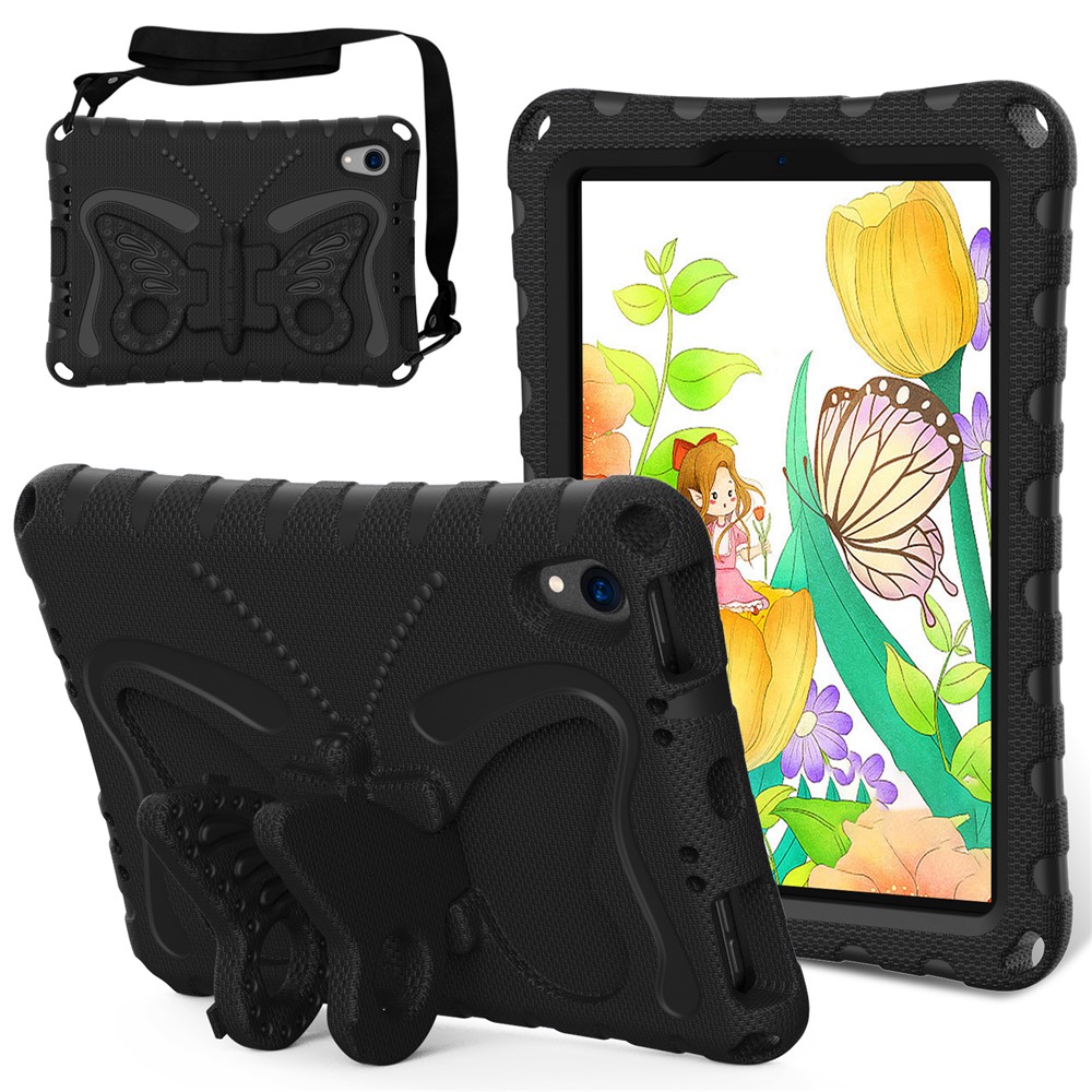 For iPad mini (2024) / mini (2021) Case with Shoulder Strap Butterfly Kickstand Tablet EVA Cover - Black