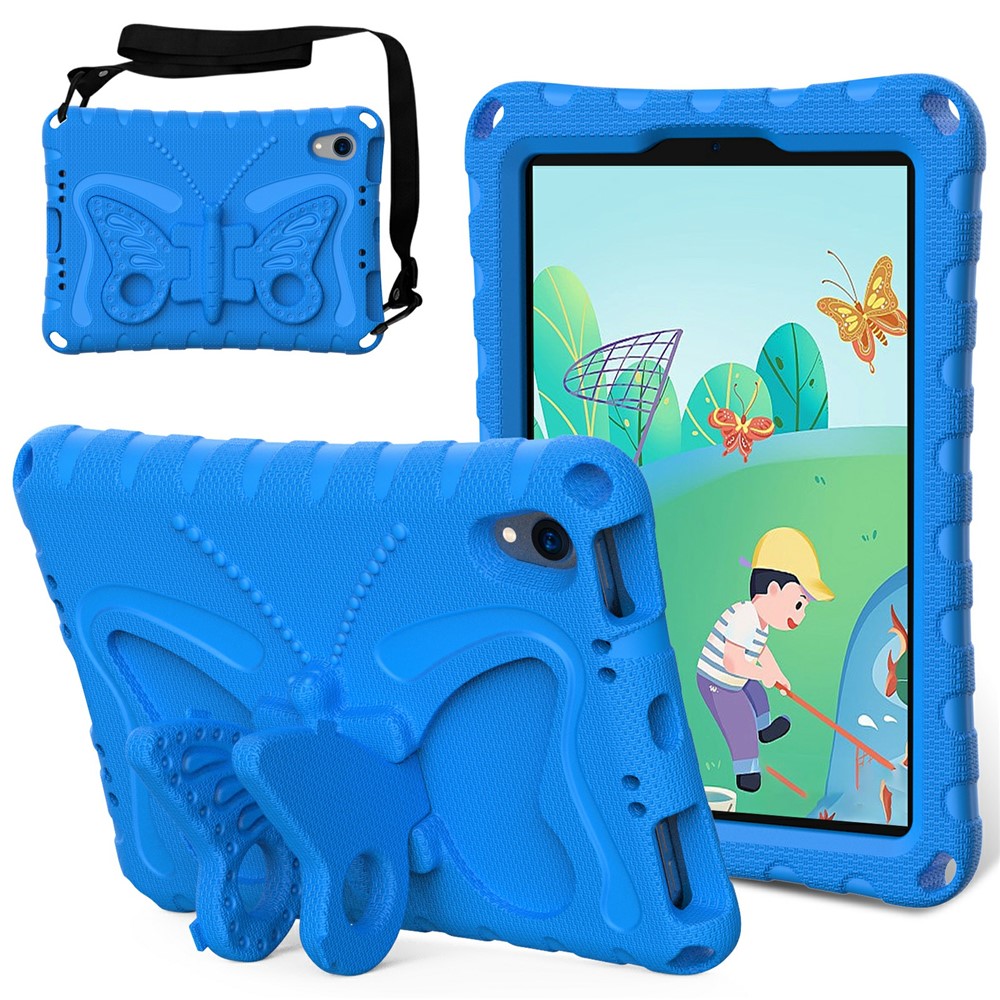 For iPad mini (2024) / mini (2021) Case with Shoulder Strap Butterfly Kickstand Tablet EVA Cover - Blue